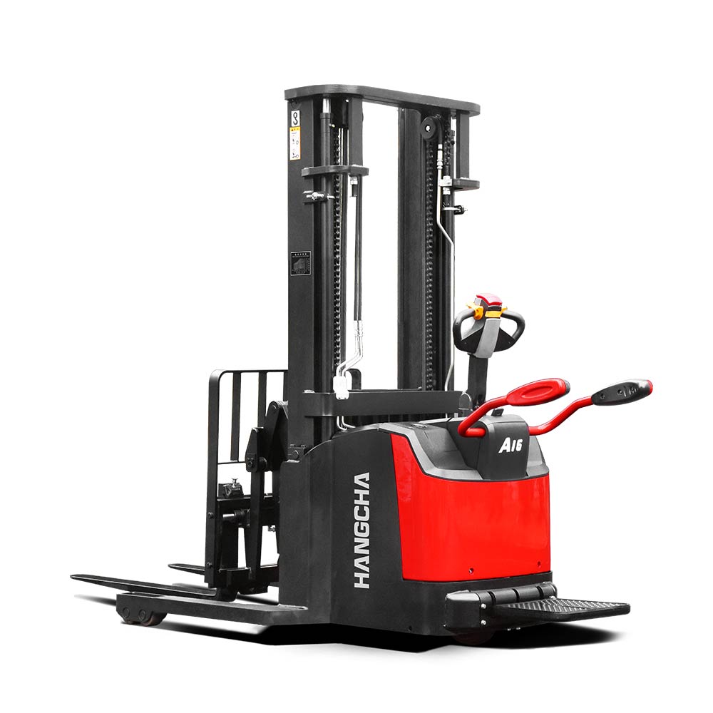 A SERIES HIGH RANGE STAND-ON PALLET STACKER WITH REACH FORK